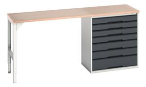verso pedestal bench with 7 drawer 800W cab & mpx worktop. WxDxH: 2000x600x930mm. RAL 7035/5010 or selected Verso Pedastal Benches with Drawer / Cupboard Unit